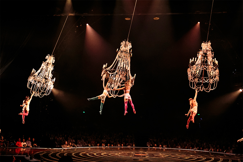 Chandelier act from Cirque du Soleil acrobats