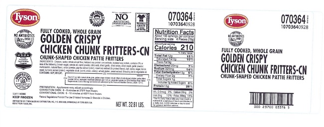 Tyson Chicken Fritter Recall Label, Jun. 5, 2019