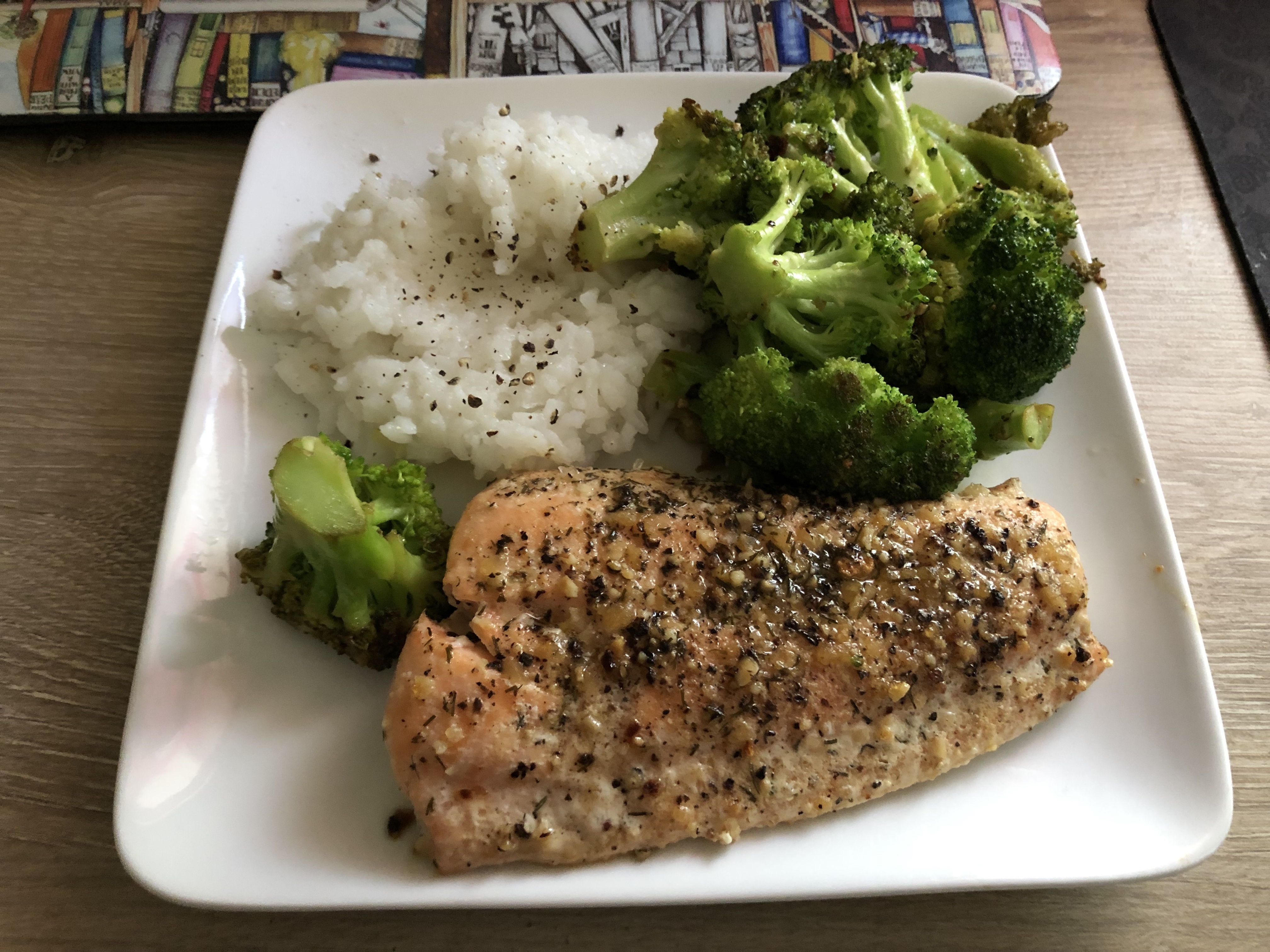 salmon, broccoli, and rice