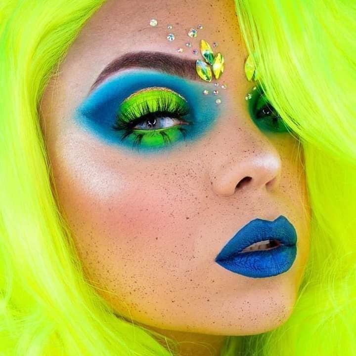 blue green neon with wig